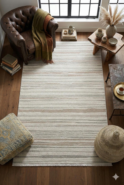 Modern White Striped Texture Rug, 5x7 Cream Contemporary Area Carpet (160x230cm)