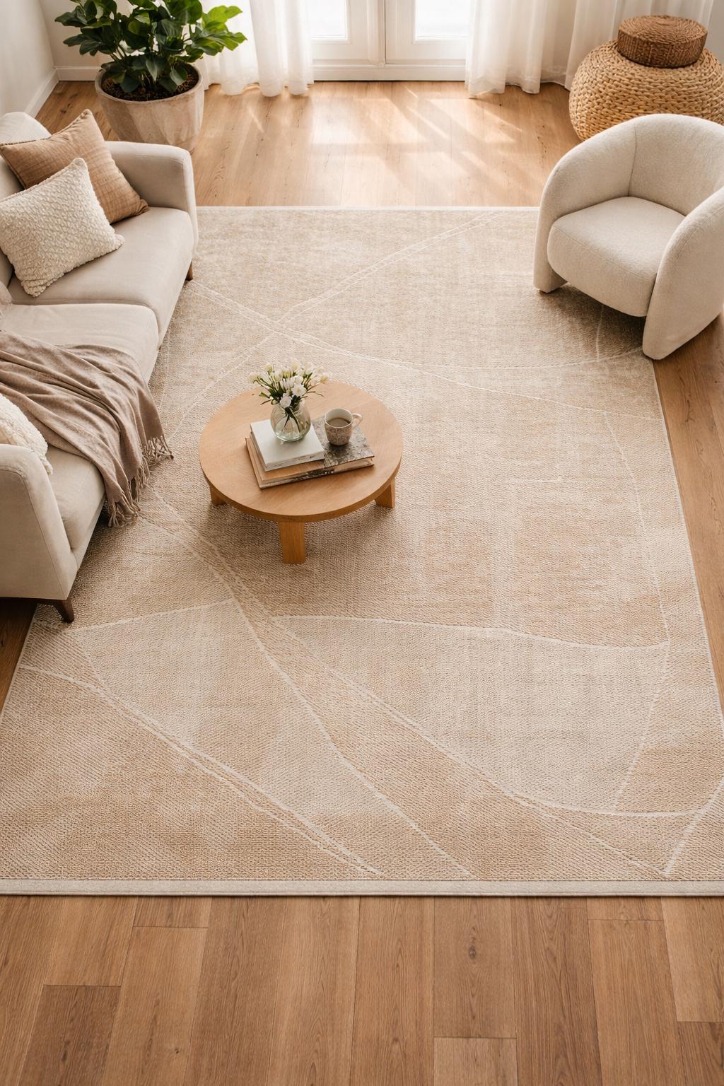 Modern Abstract Area Rug – Beige Neutral Line Art Carpet (200x300 cm)