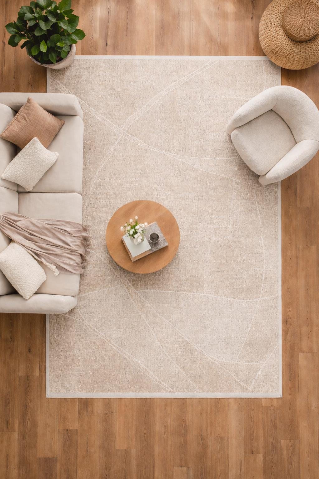 Modern Abstract Area Rug – Beige Neutral Line Art Carpet (200x300 cm)