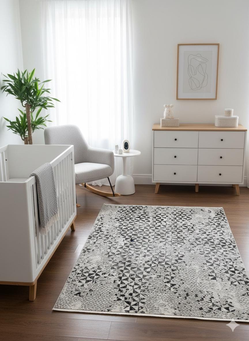 Modern Geometric Area Rug – Distressed Black Grey Abstract Living Room Decor