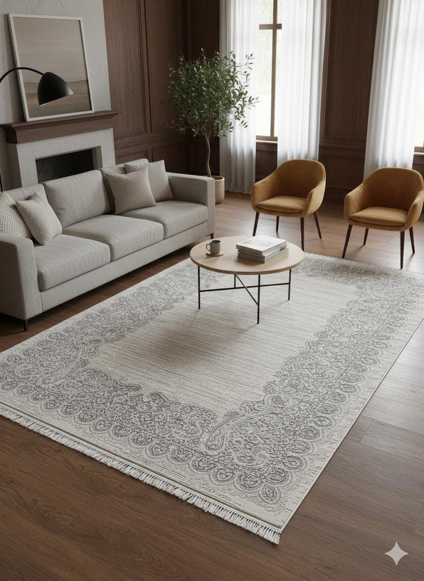 Gray Cream Paisley Oriental Rug – Turkish Soft-Touch Fringe Carpet
