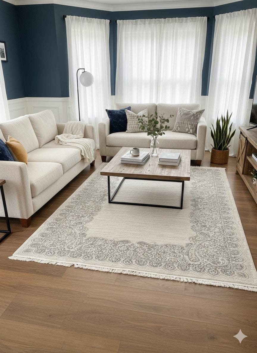 Gray Cream Paisley Oriental Rug – Turkish Soft-Touch Fringe Carpet