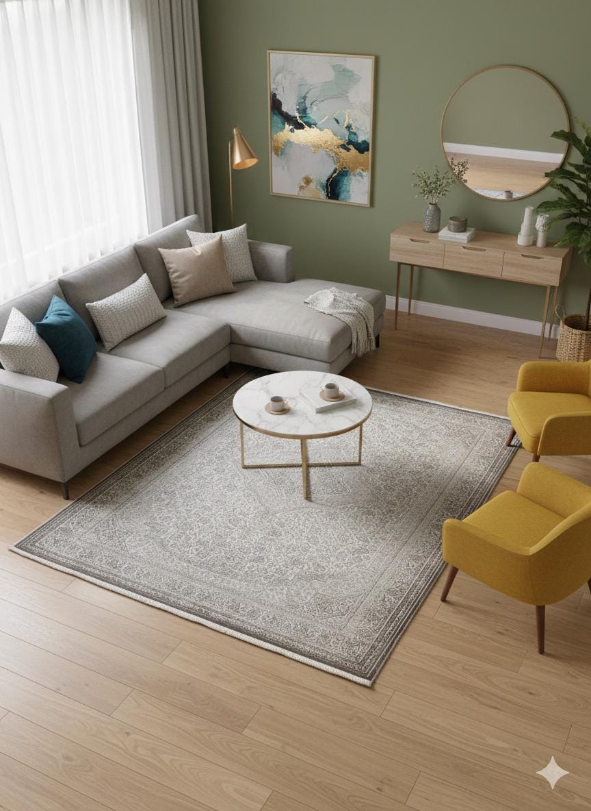 Distressed Persian Style Area Rug – Neutral Beige Medallion Carpet