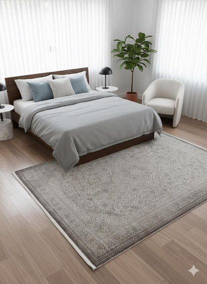 Distressed Persian Style Area Rug – Neutral Beige Medallion Carpet