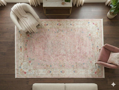 Charming Washable Pink Rug: Vintage Floral Design for a Cozy Home