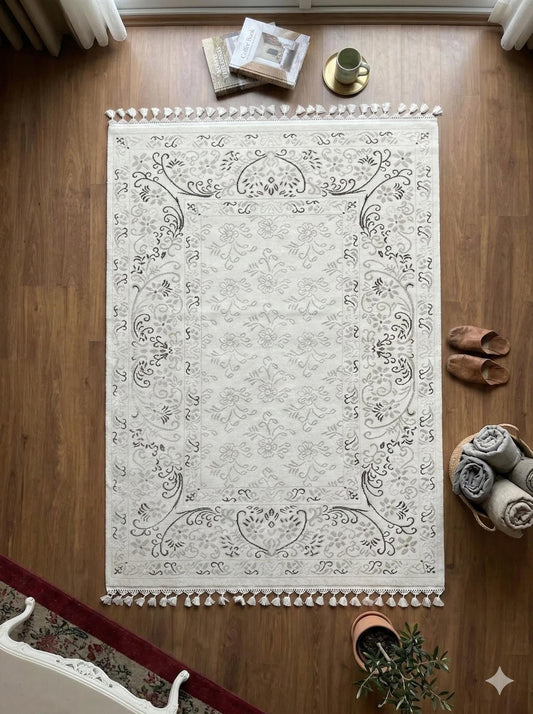 Cream Floral Area Rug with Tassels, Boho Neutral Living Room, Vintage Farmhouse Bedroom Rug