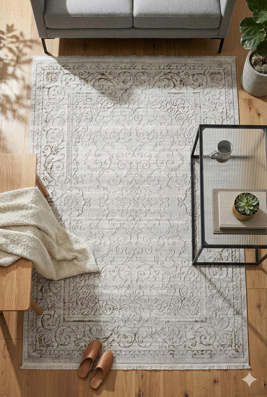 Vintage Floral Area Rug – Neutral Traditional Scrollwork Carpet – Farmhouse Living Room Décor