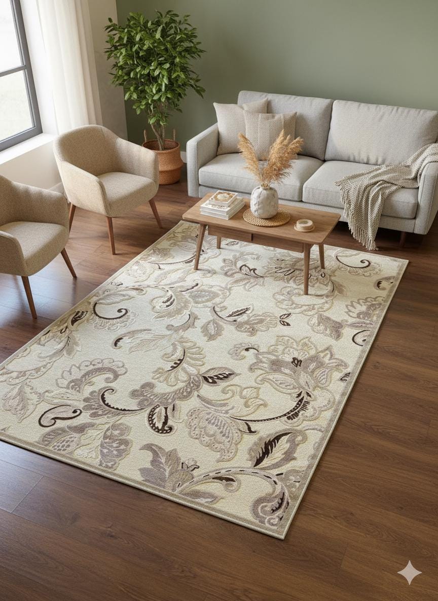 Beige Floral Area Rug, Classic Living Room Carpet, Easy Clean Low Pile (160x230 cm)