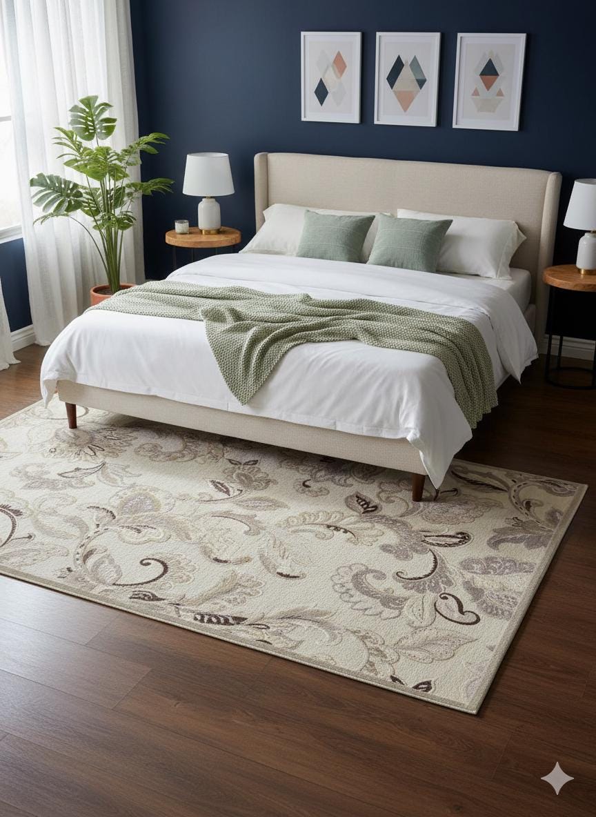 Beige Floral Area Rug, Classic Living Room Carpet, Easy Clean Low Pile (160x230 cm)