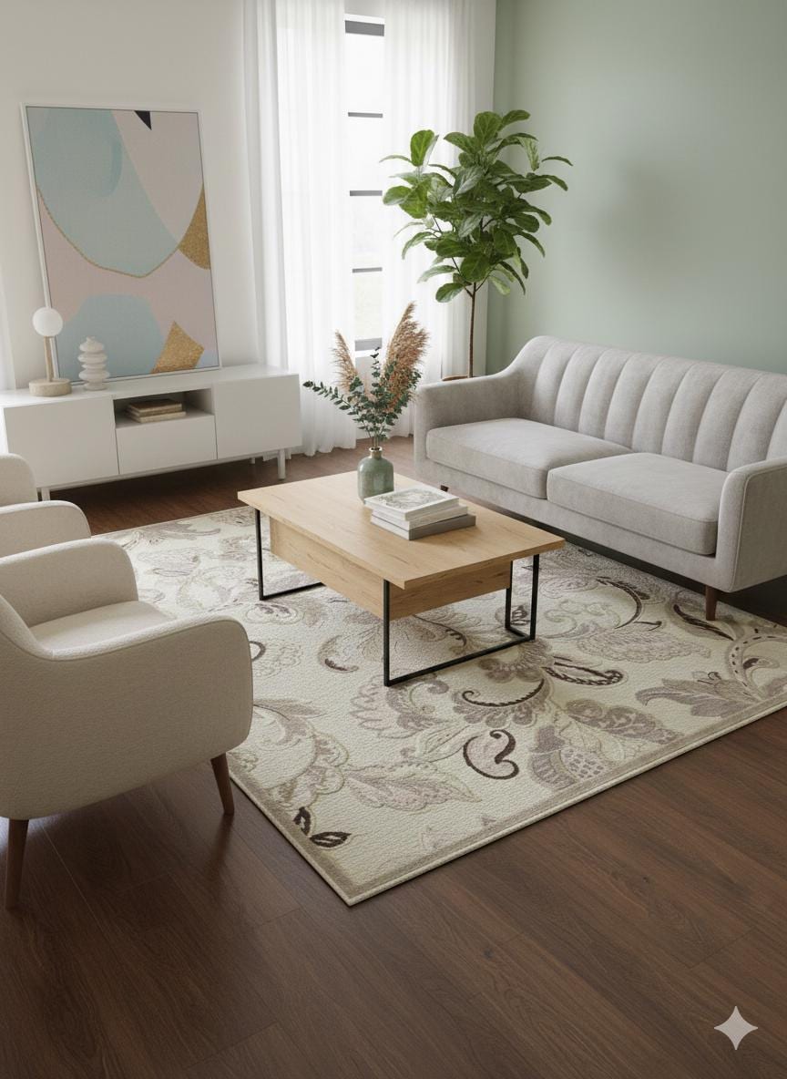 Beige Floral Area Rug, Classic Living Room Carpet, Easy Clean Low Pile (160x230 cm)