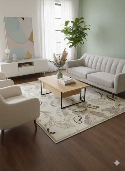 Beige Floral Area Rug, Classic Living Room Carpet, Easy Clean Low Pile (160x230 cm)