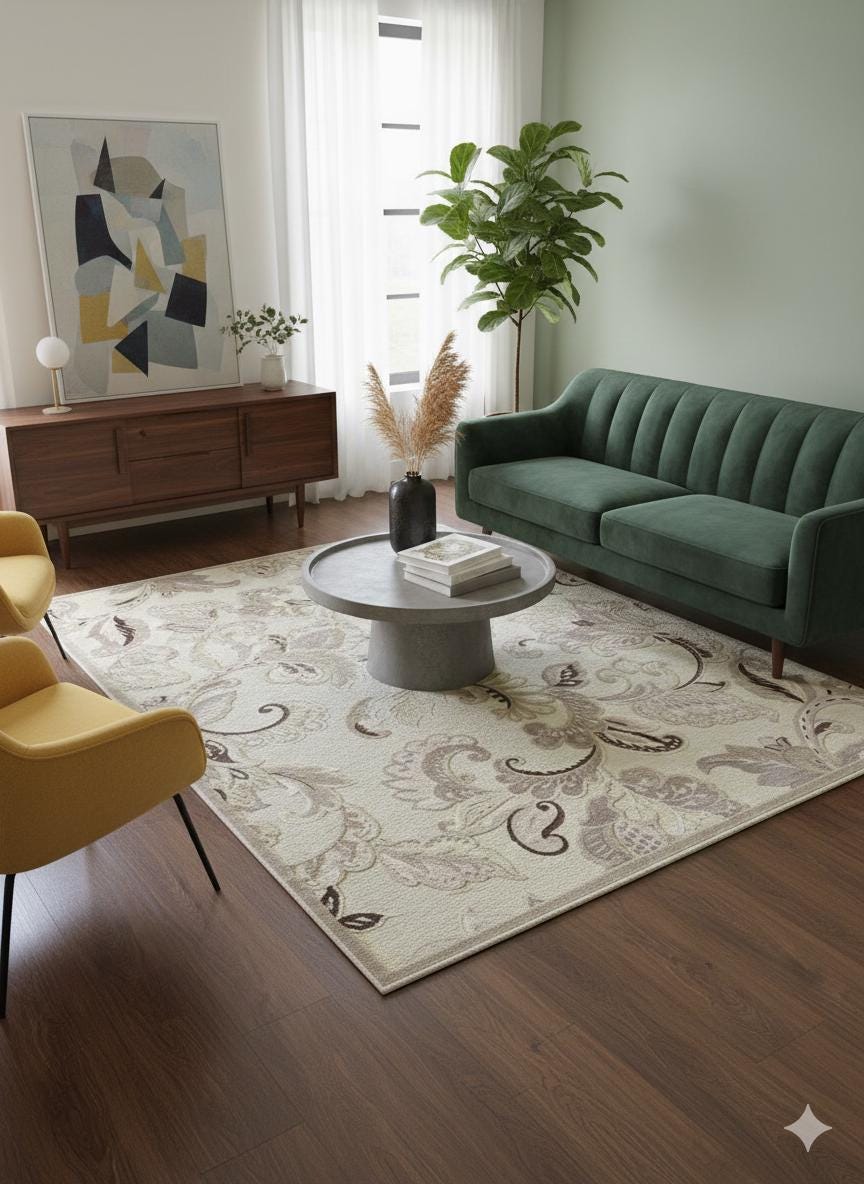 Beige Floral Area Rug, Classic Living Room Carpet, Easy Clean Low Pile (160x230 cm)