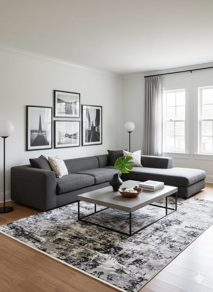 Modern Abstract Area Rug – Black, White, Grey Distressed Industrial Style Carpet
