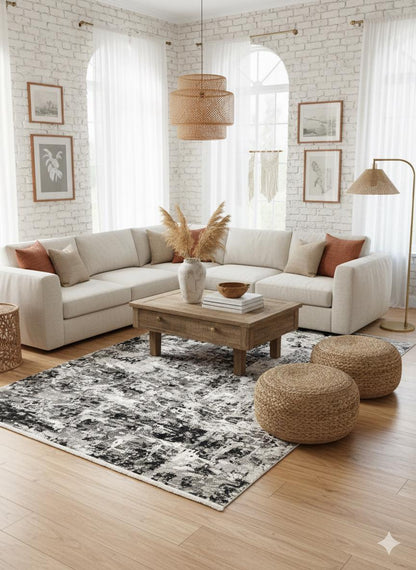 Modern Abstract Area Rug – Black, White, Grey Distressed Industrial Style Carpet