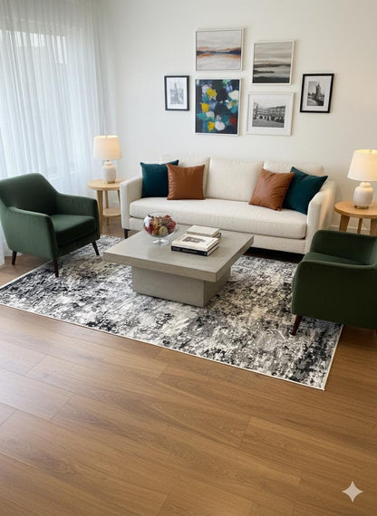 Modern Abstract Area Rug – Black, White, Grey Distressed Industrial Style Carpet