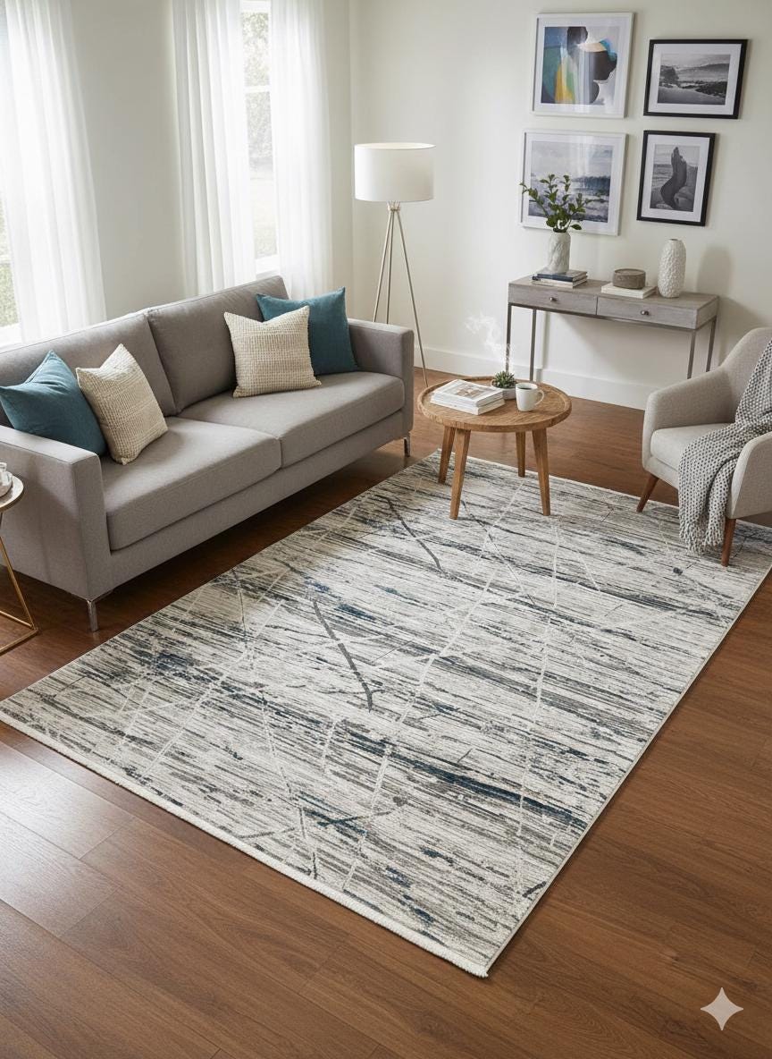 Modern Abstract Area Rug – Distressed Linear Design, Pastel Tones, 160x230cm
