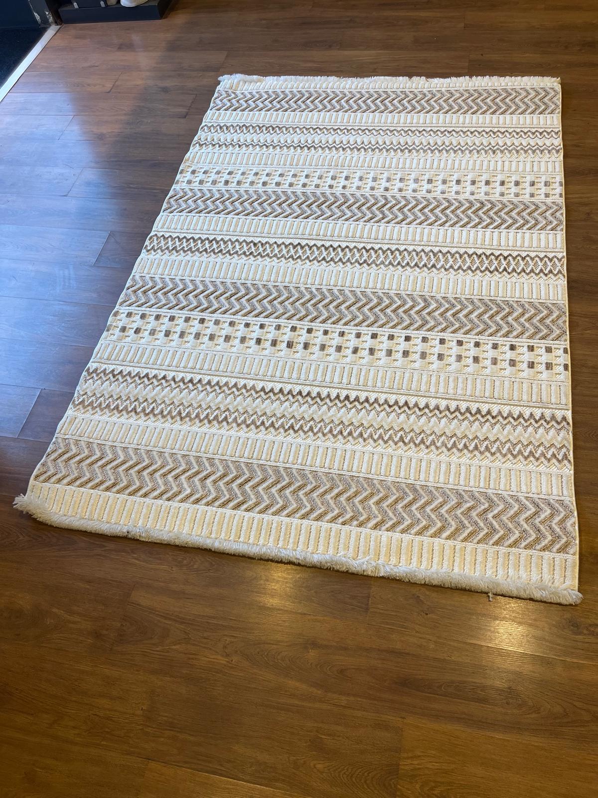 Modern Boho Geometric Area Rug – Cream Tribal Textured Wool Carpet