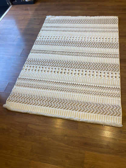 Modern Boho Geometric Area Rug – Cream Tribal Textured Wool Carpet