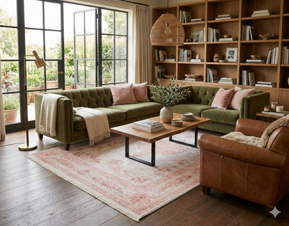 Distressed Oriental Medallion Rug, Boho Blush Carpet, Washable Living Room Area Rug