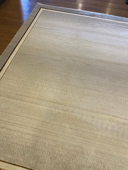 Modern Gray Cream Taupe Area Rug • Minimalist Gold Border Living Room Carpet