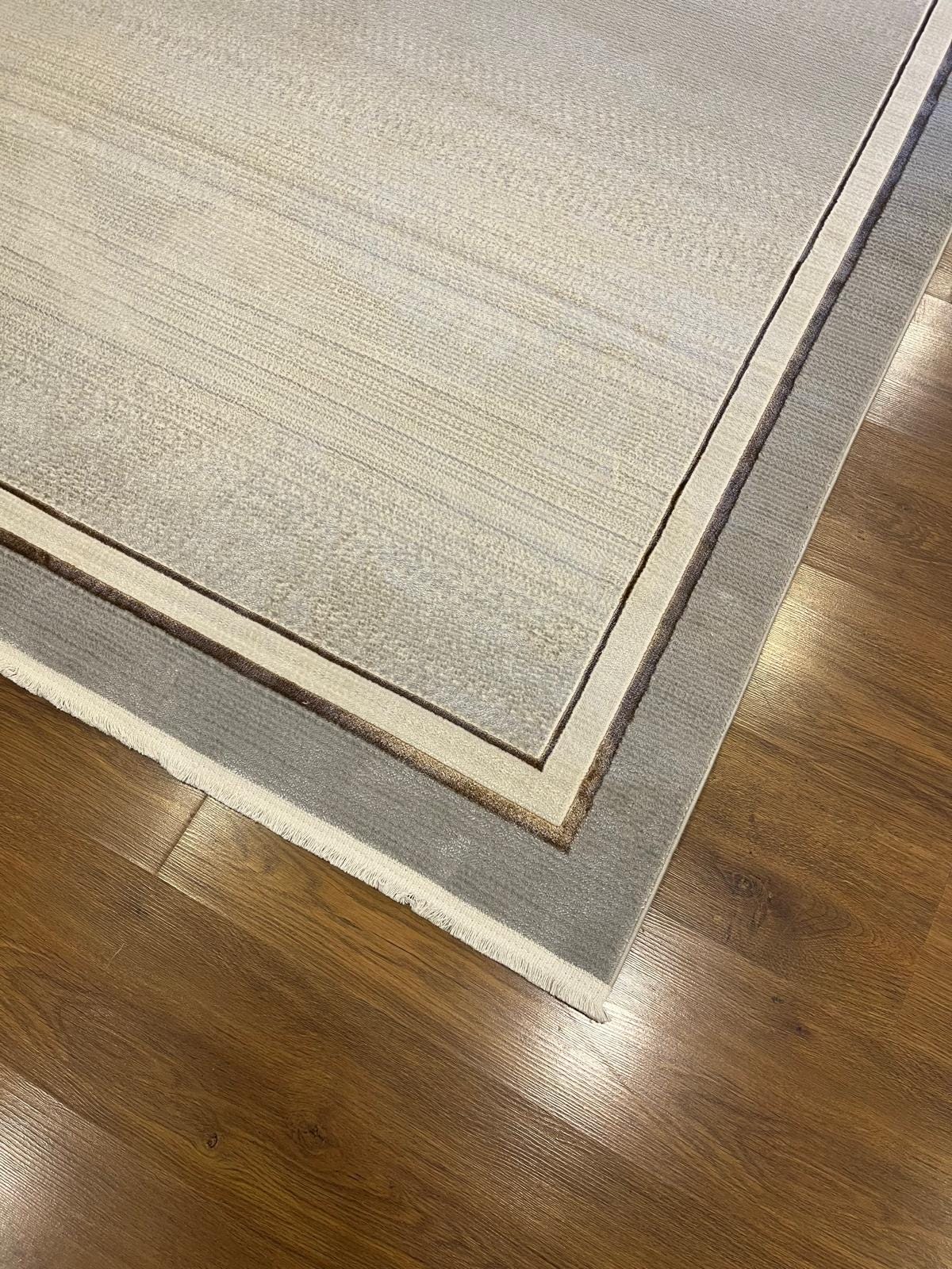 Modern Gray Cream Taupe Area Rug • Minimalist Gold Border Living Room Carpet
