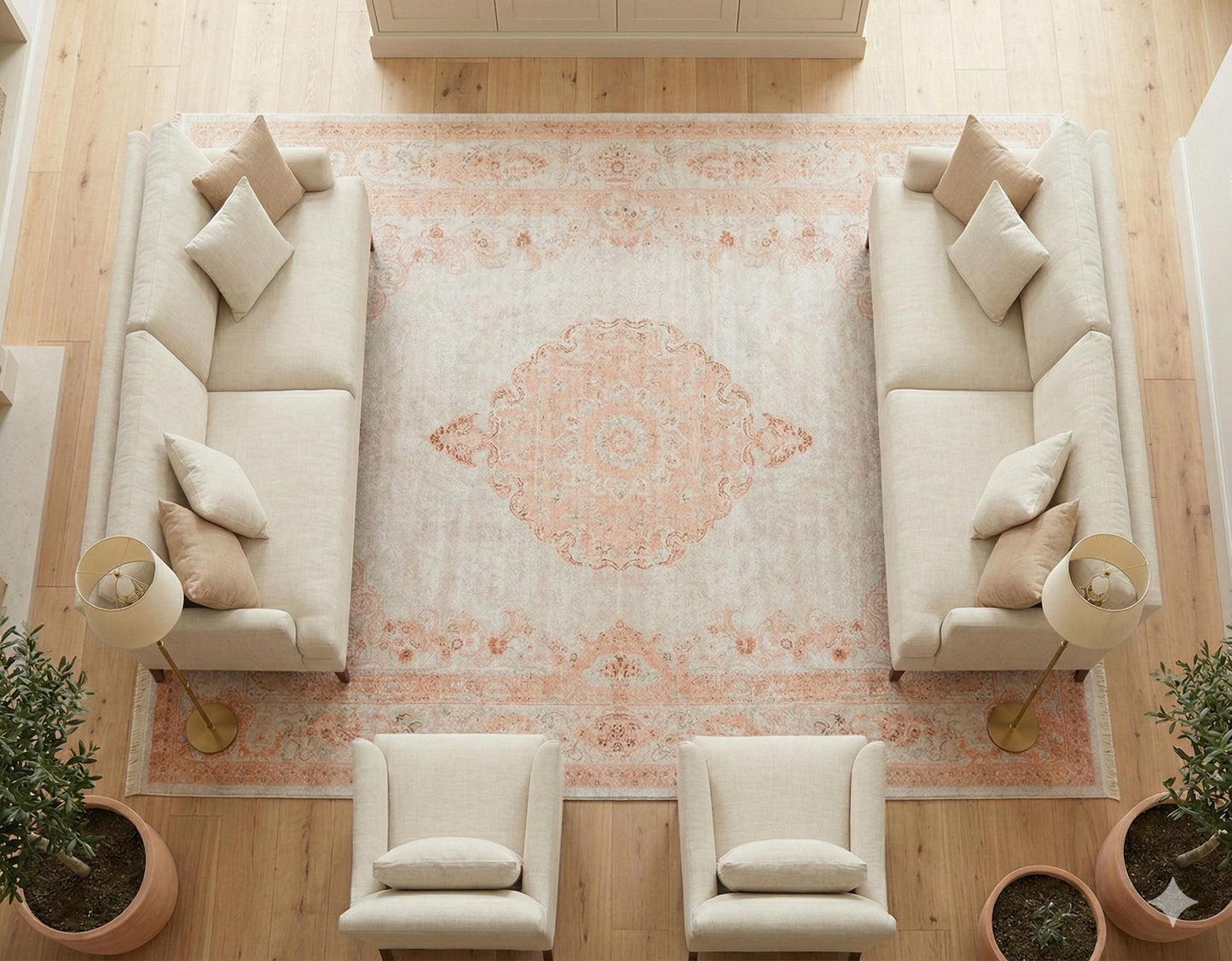 Distressed Oriental Medallion Rug, Boho Blush Carpet, Washable Living Room Area Rug