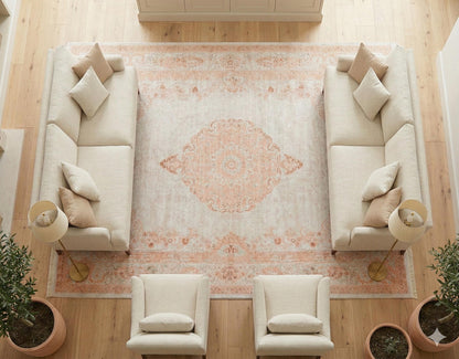 Distressed Oriental Medallion Rug, Boho Blush Carpet, Washable Living Room Area Rug