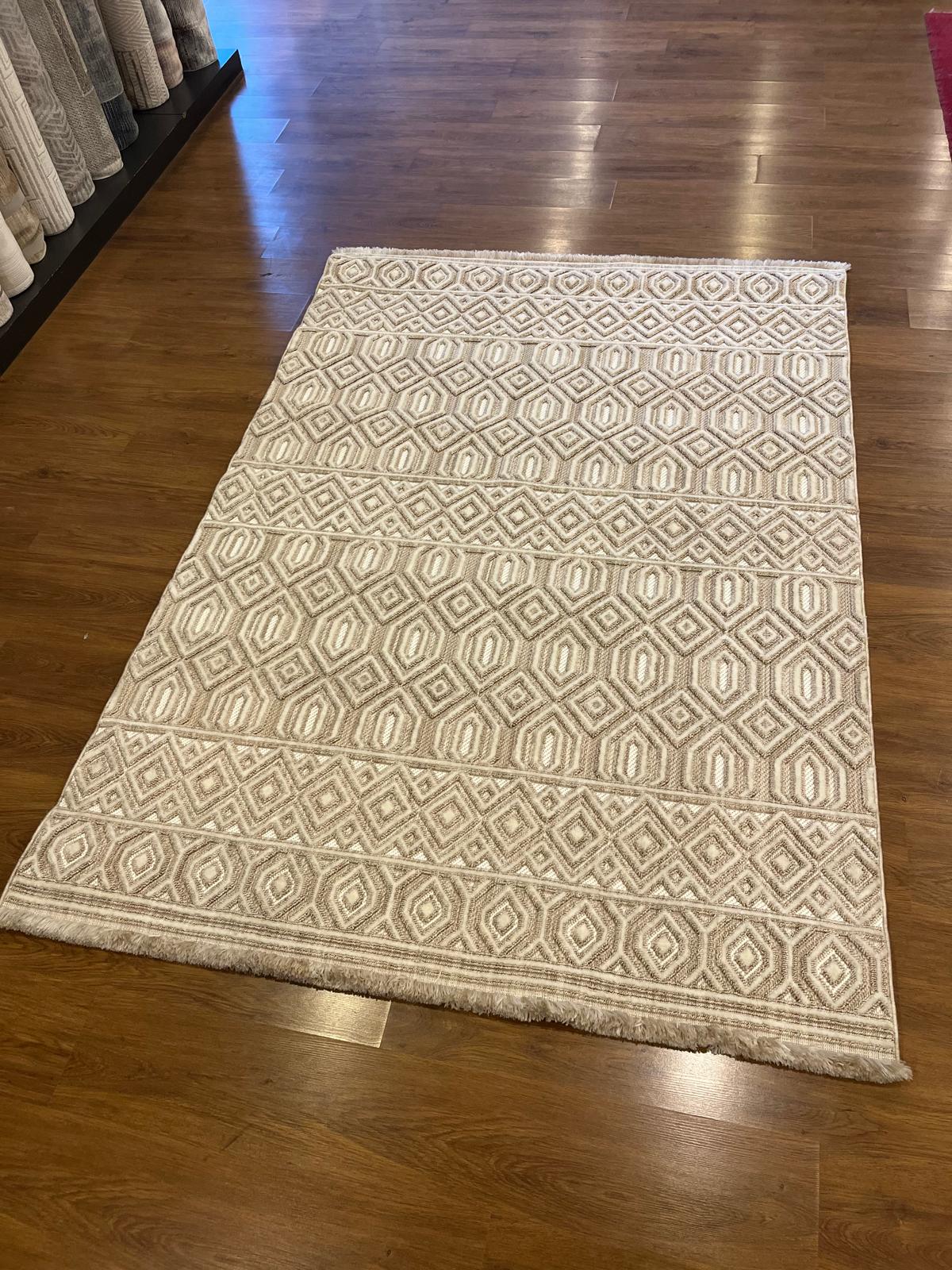 Handwoven Geometric Area Rug – Neutral Beige Boho Carpet, Tribal Diamond Texture