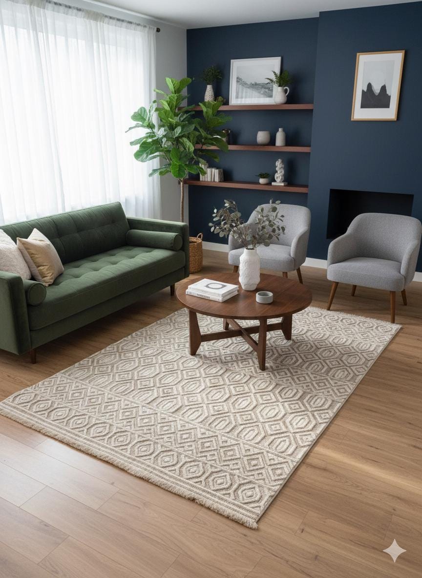 Handwoven Geometric Area Rug – Neutral Beige Boho Carpet, Tribal Diamond Texture