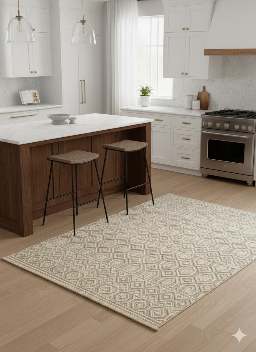Handwoven Geometric Area Rug – Neutral Beige Boho Carpet, Tribal Diamond Texture
