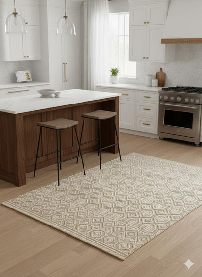 Handwoven Geometric Area Rug – Neutral Beige Boho Carpet, Tribal Diamond Texture