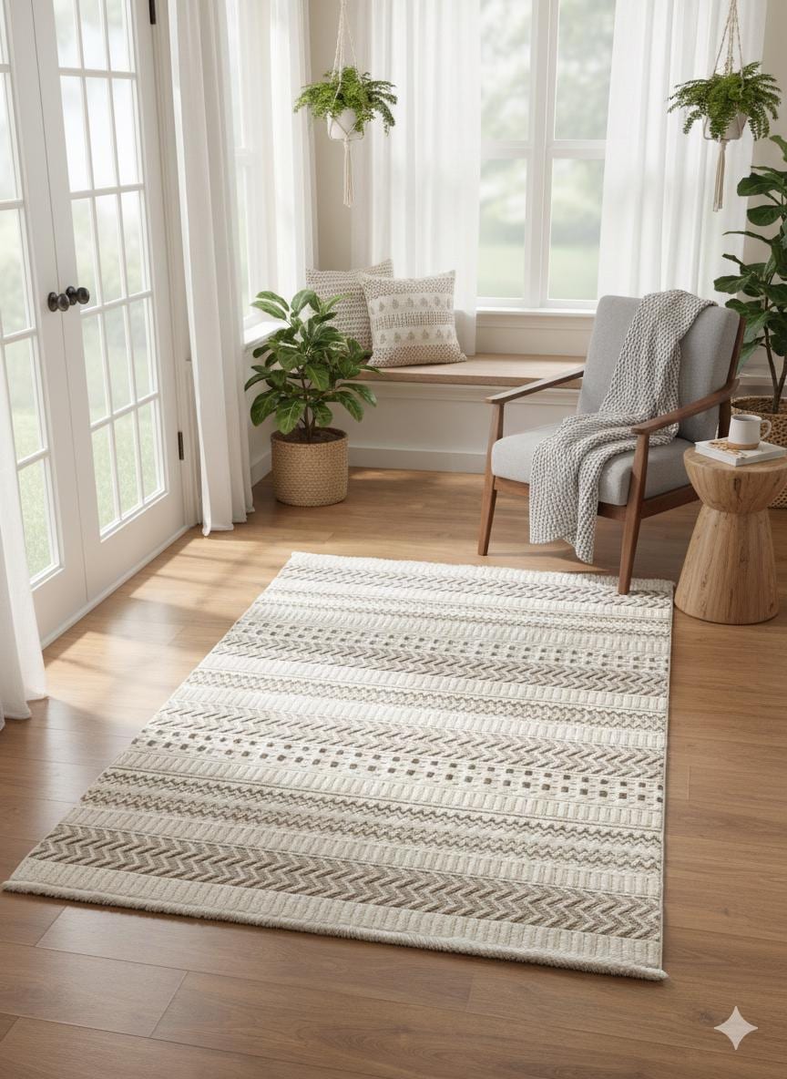 Modern Boho Geometric Area Rug – Cream Tribal Textured Wool Carpet