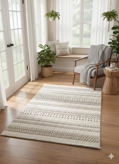 Modern Boho Geometric Area Rug – Cream Tribal Textured Wool Carpet