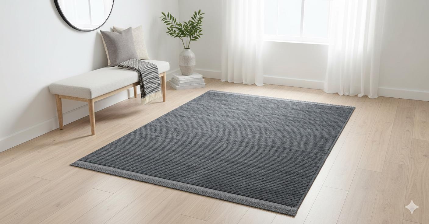 Washable Navy Blue Ribbed Area Rug – Modern Textured Cotton Carpet with Fringe