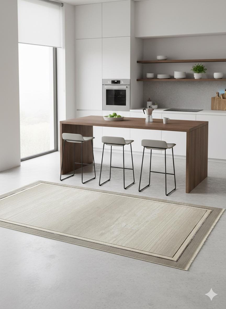 Modern Gray Cream Taupe Area Rug • Minimalist Gold Border Living Room Carpet