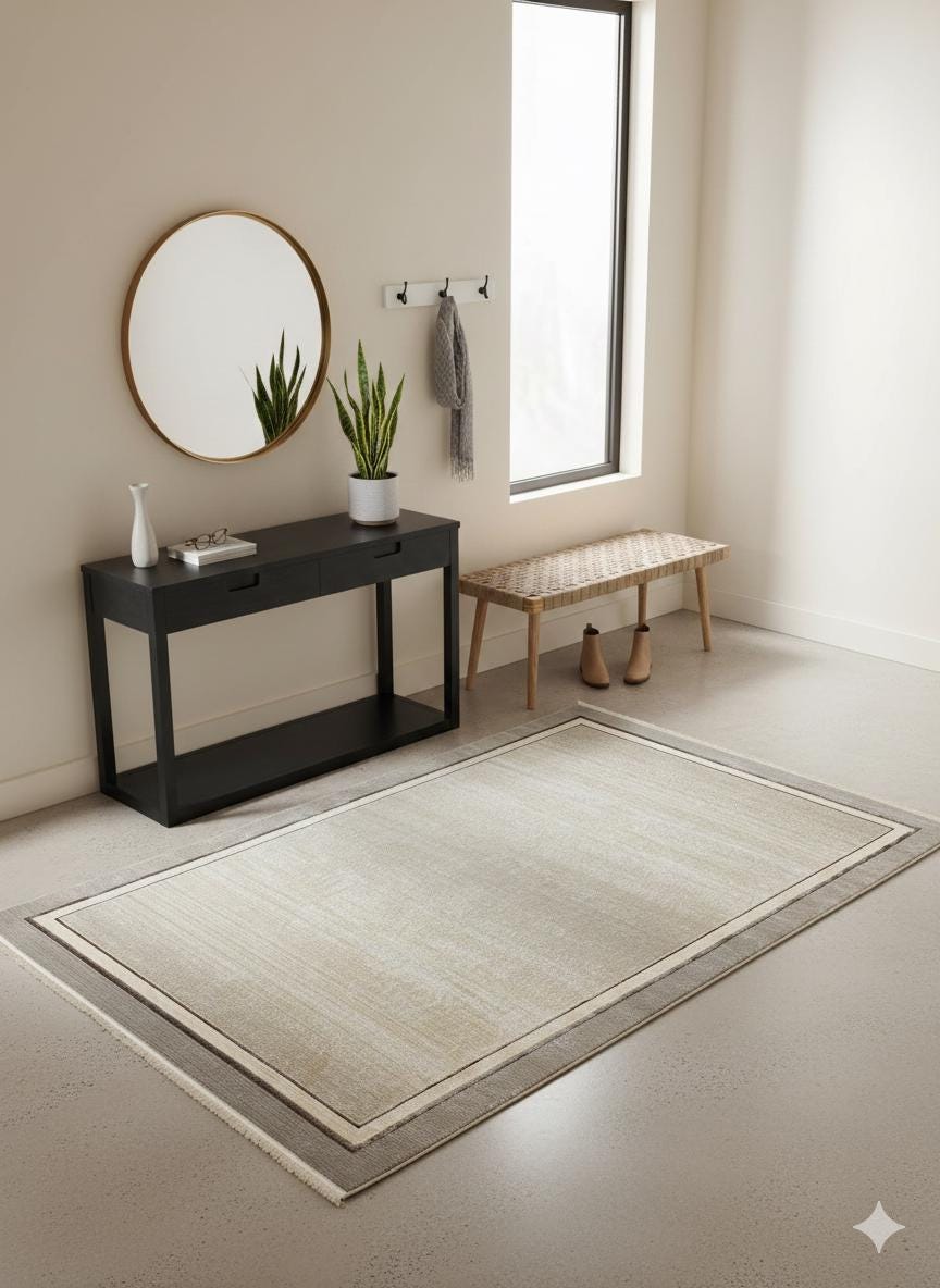 Modern Gray Cream Taupe Area Rug • Minimalist Gold Border Living Room Carpet