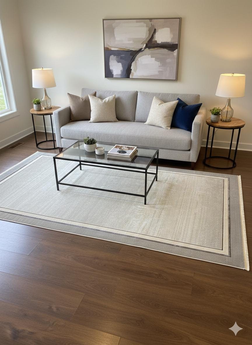 Modern Gray Cream Taupe Area Rug • Minimalist Gold Border Living Room Carpet