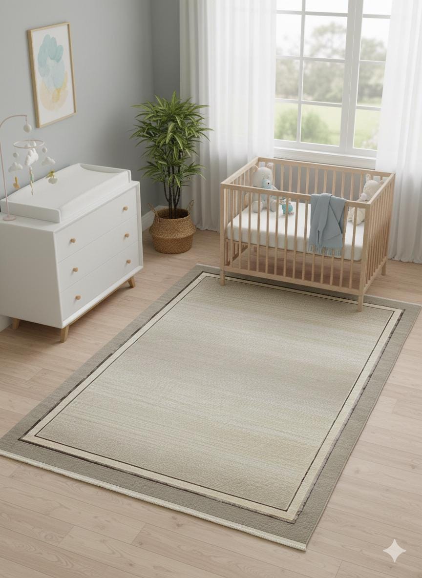 Modern Gray Cream Taupe Area Rug • Minimalist Gold Border Living Room Carpet