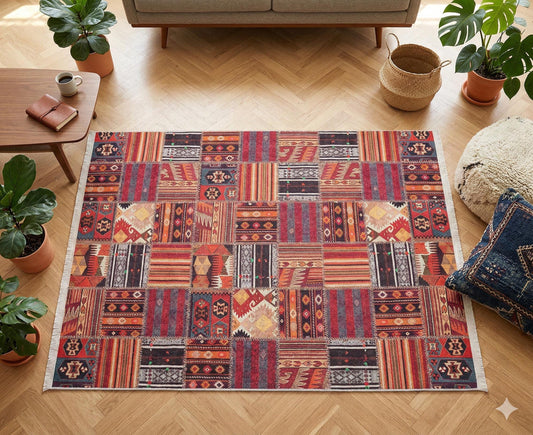 Patchwork Kilim Rug – Southwestern Tribal Bohemian Carpet, Colorful Living Room Decor