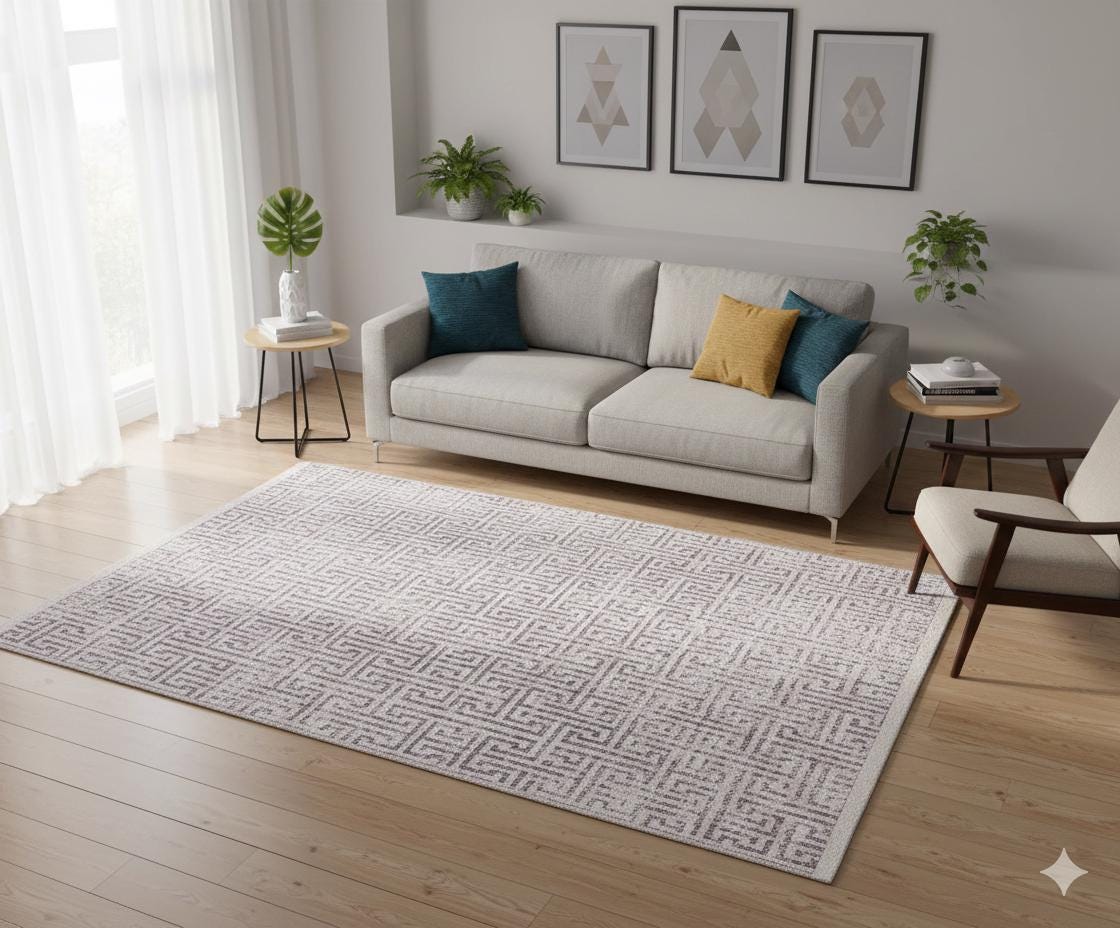 Distressed Greek Key Area Rug – Washable Cream Grey Geometric Labyrinth