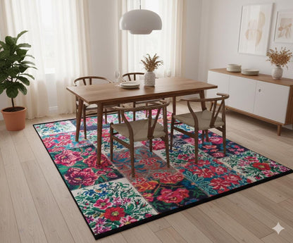 Red Floral Patchwork Rug – Washable Bohemian Area Rug – Vintage Style Living Room Carpet