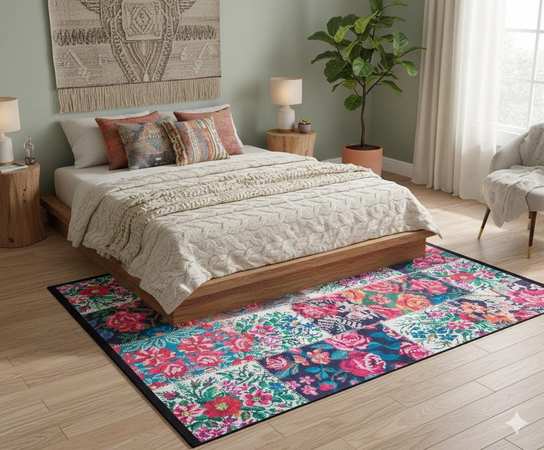 Red Floral Patchwork Rug – Washable Bohemian Area Rug – Vintage Style Living Room Carpet