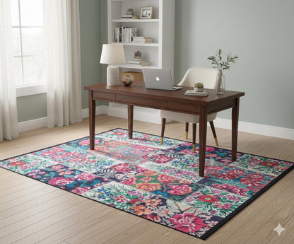 Red Floral Patchwork Rug – Washable Bohemian Area Rug – Vintage Style Living Room Carpet