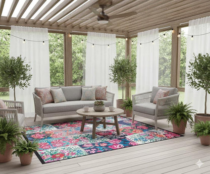 Red Floral Patchwork Rug – Washable Bohemian Area Rug – Vintage Style Living Room Carpet