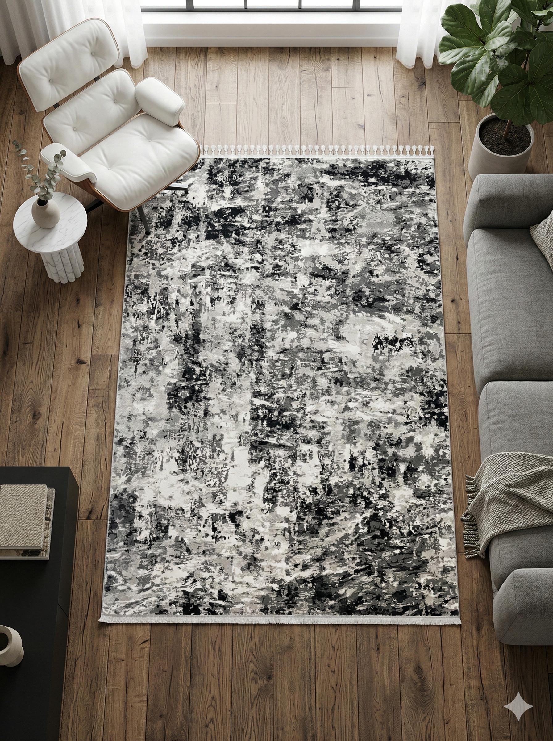Modern Abstract Area Rug – Black, White, Grey Distressed Industrial Style Carpet