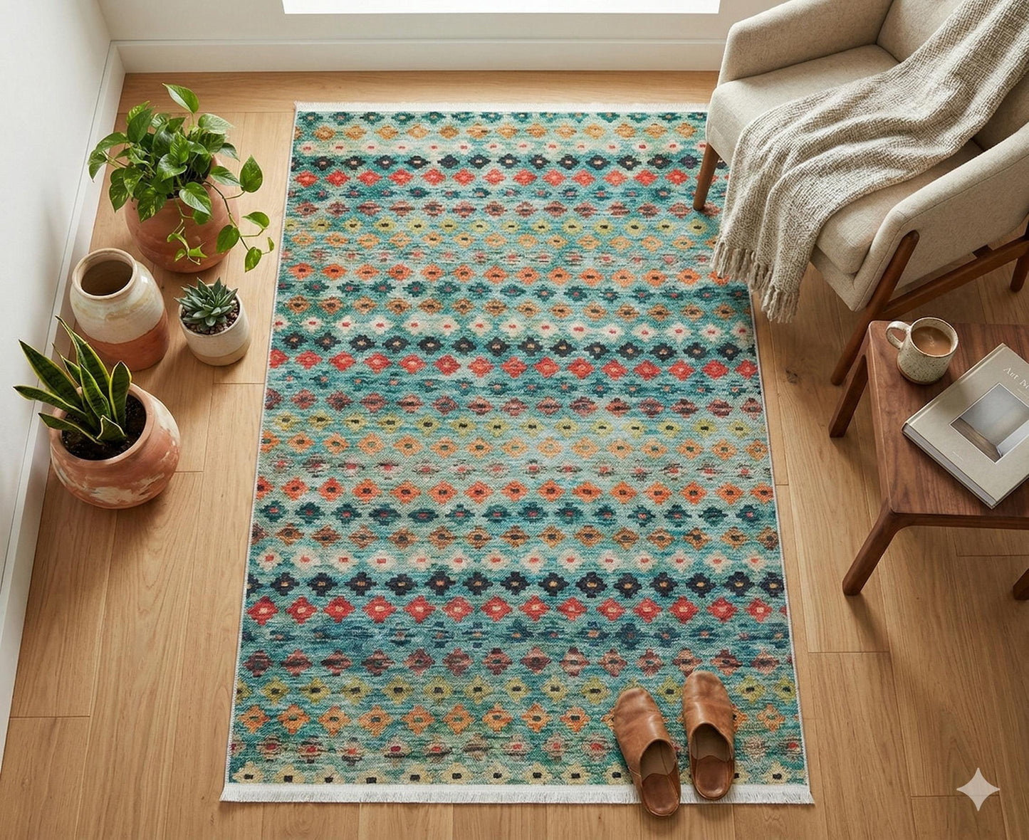Washable Kilim-Style Area Rug: Boho Geometric Design