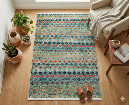 Washable Kilim-Style Area Rug: Boho Geometric Design