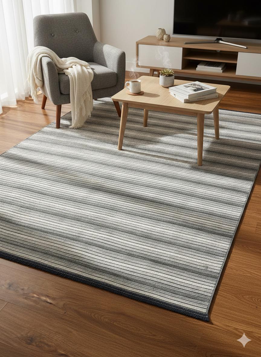 Modern Silver Striped Area Rug – Textured Contemporary Floor Carpet for Living Room & Office
