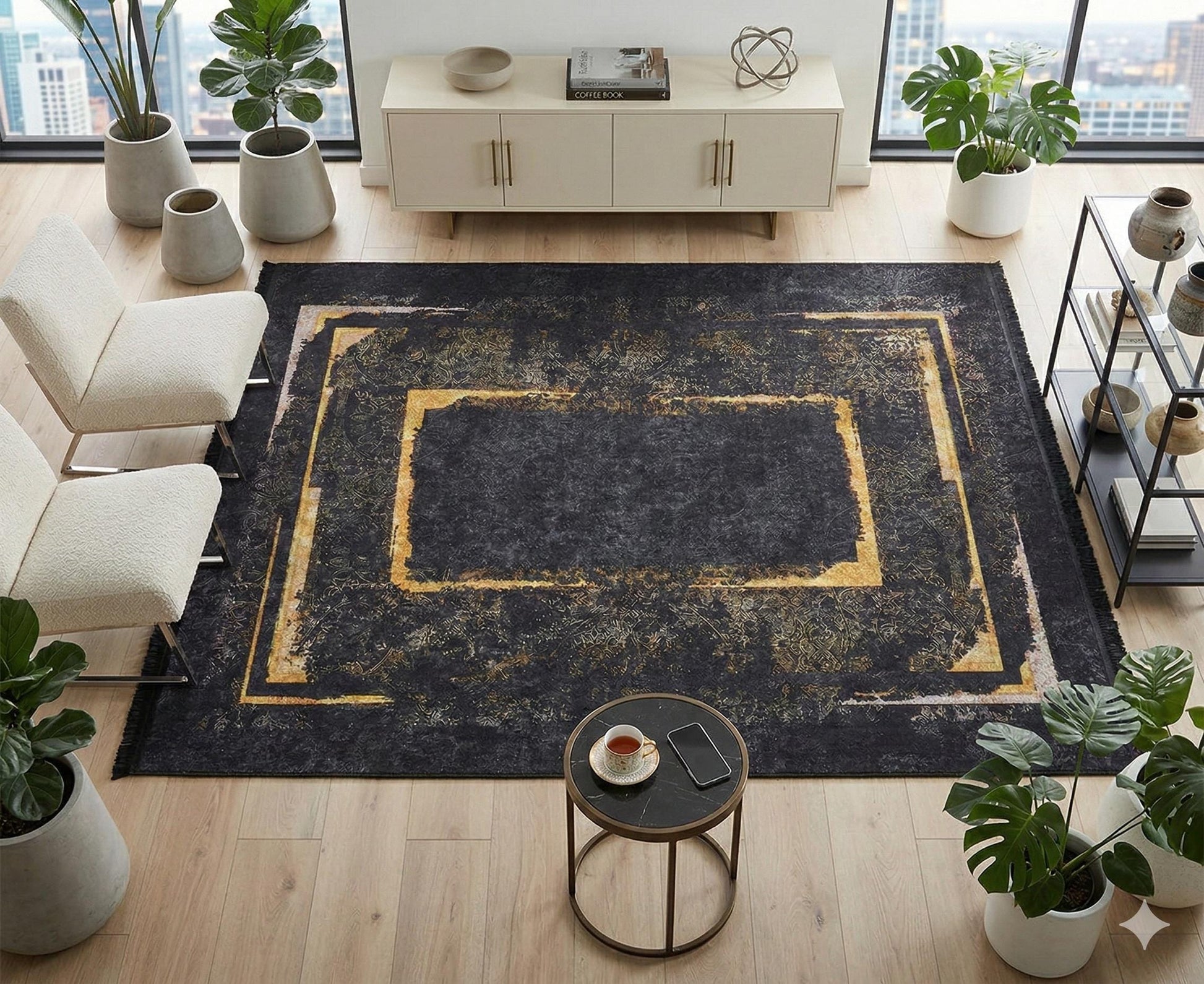 Black Gold Distressed Area Rug, Modern Geometric Border Carpet
