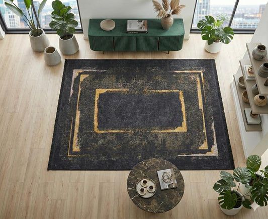 Black Gold Distressed Area Rug, Modern Geometric Border Carpet